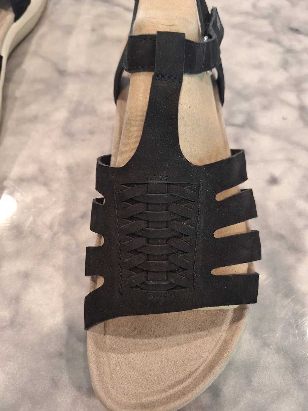EARTH ORIGINS 12M Black Strappy Sandals with Soft Beige Suede Footbed